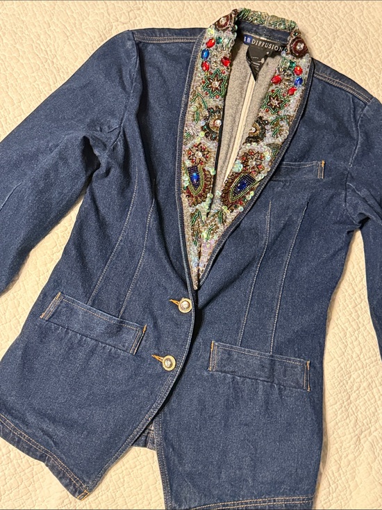 I.B. Diffusion Jackets & Blazers - Vintage Embellished Shawl Collar Denim Blazer - Blue 4